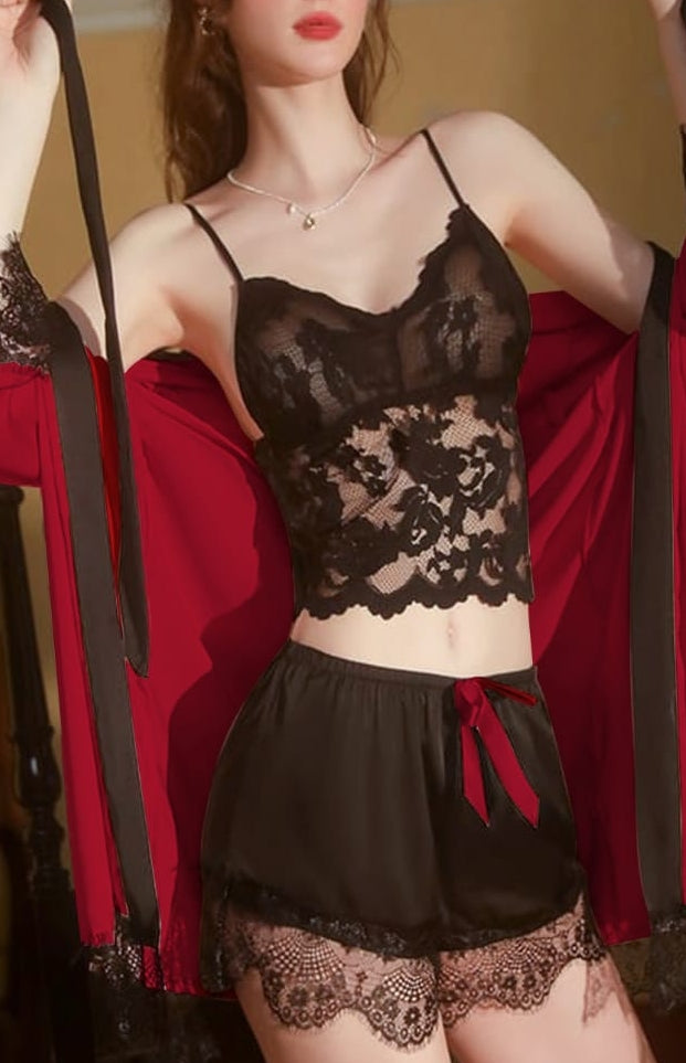 3-piece pajamas - consisting of a lace top and satin hot shorts with lace edges - with a satin robe