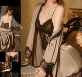 3-piece pajamas - consisting of a lace top and satin hot shorts with lace edges - with a satin robe