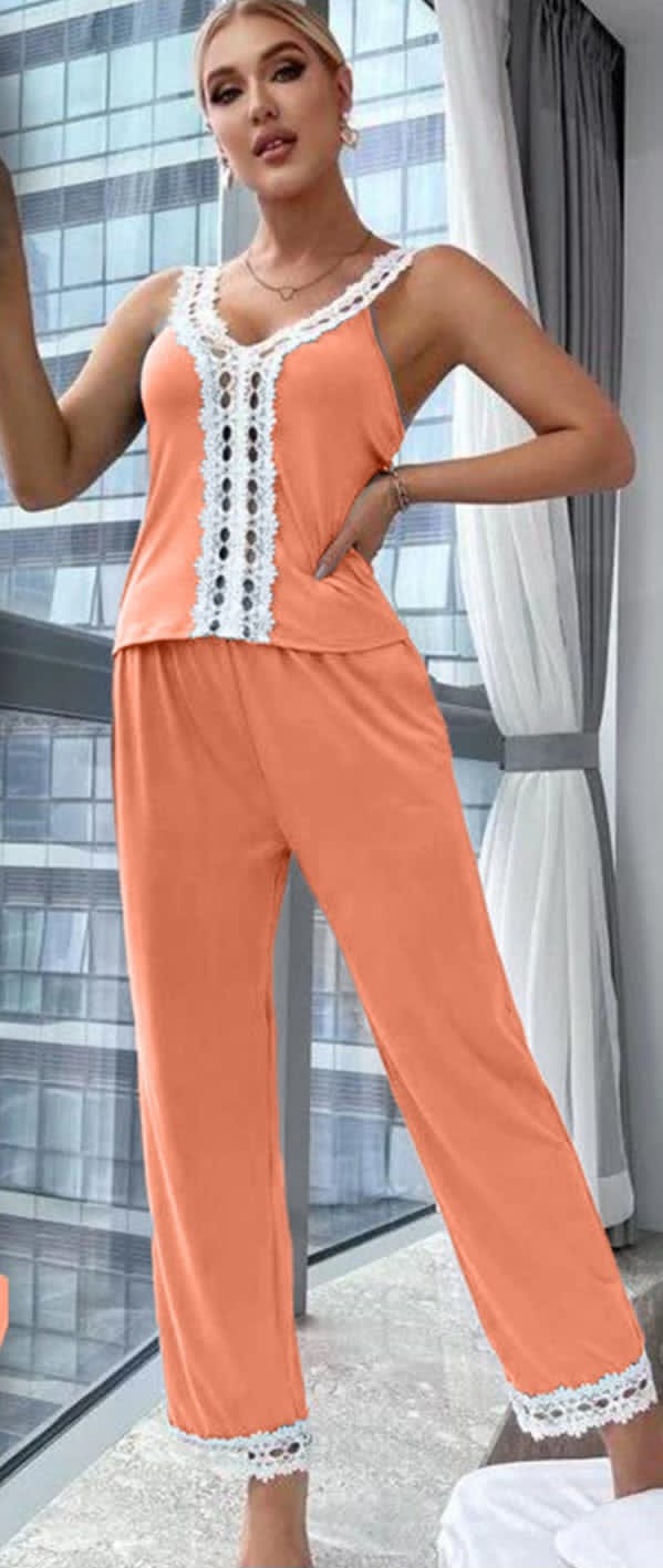 Two-piece butter pajama - with lace front, shoulders and trouser ends