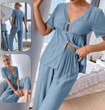 Two-piece buttery pajama set - studded with lace and buttons